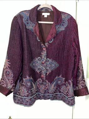 Coldwater Creek Purple Paisley Button-Front Wool Blend Blazer